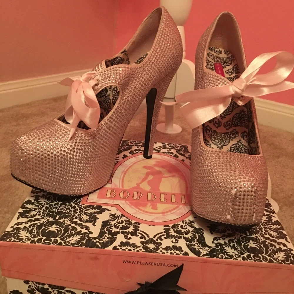 COPY - Bordello BabyPink Platform Rhinestone Ribbon Pumps - Picture 7 of 7